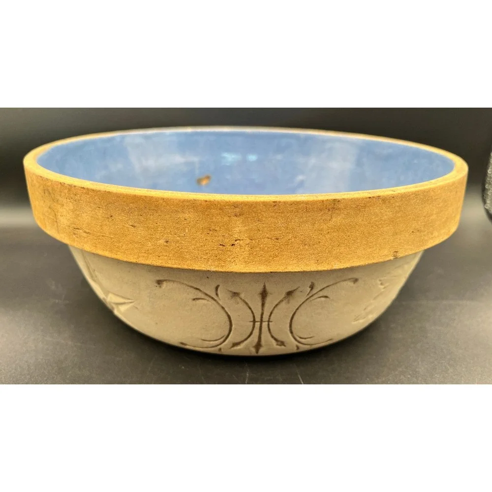 Antique Star Fire Clay Blue Glaze Stoneware Bowl Star Leaf Fleur De Lis Embossed